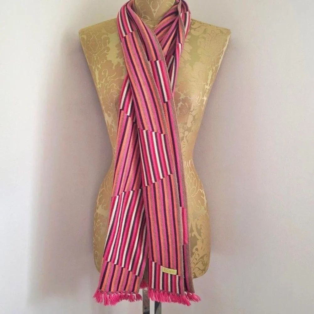 Pink Multicolor striped knit Echo‎ scarf with fringe colorful funky luxury